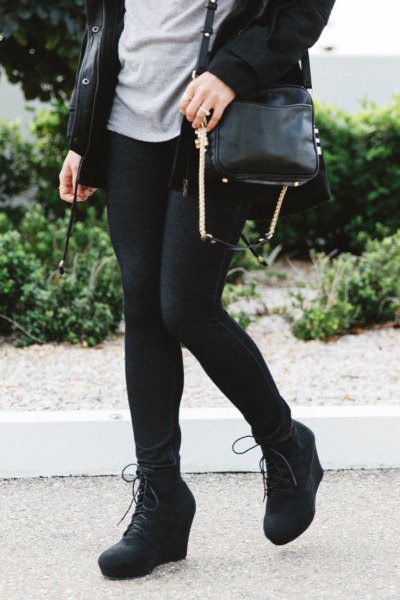 black long digging coat with leggings and wedge boots