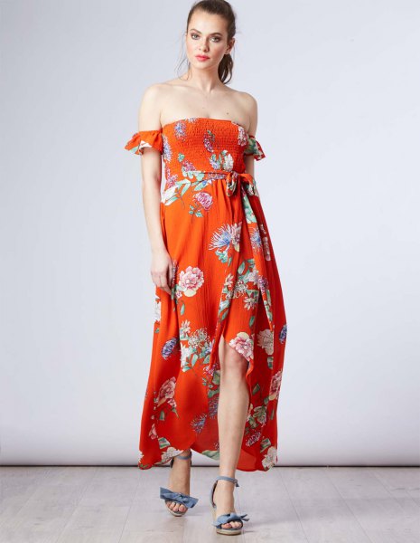 from the shoulder maxi chiffon floral printed sundress