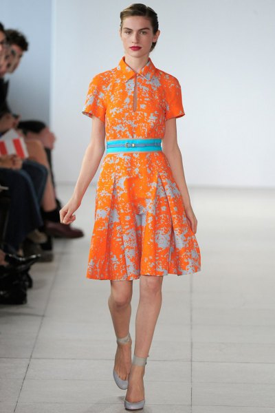 orange and light blue knee length flared collar dress