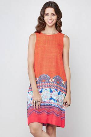 orange tribal printed sleeveless knee length dress