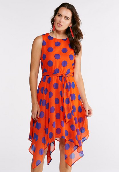 orange and blue polka dot sleeveless knife length chiffon dress
