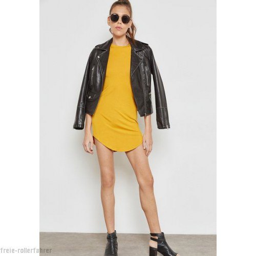 mustard shirt dress with black leather jacket