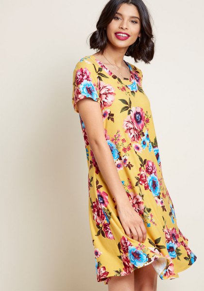 yellow and light blue floral printed mini dress