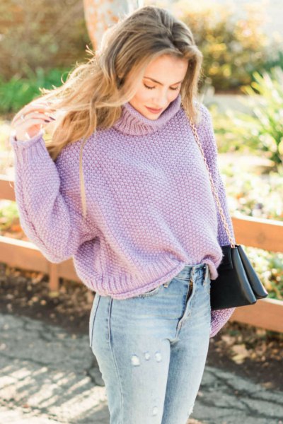 lavender turtleneck chunky sweater with light blue jeans