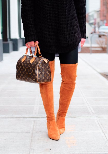 black chunky sweater dress with high suede boots
