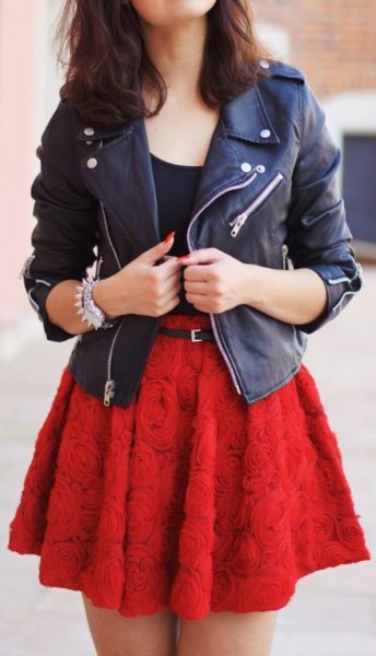 black leather jacket with red belt rose embroidered skater skirt