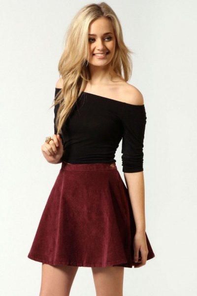 black from the shoulder shape fitting top with burgundy suede skirt