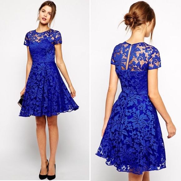 blue fit and flare knee length lace dress