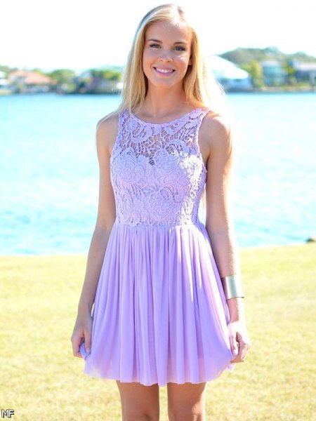 sleeveless lace fit and flare mini pleated chiffon dress
