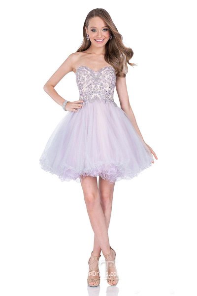Lavender sweetheart neckline fit and flare tulle mini dress