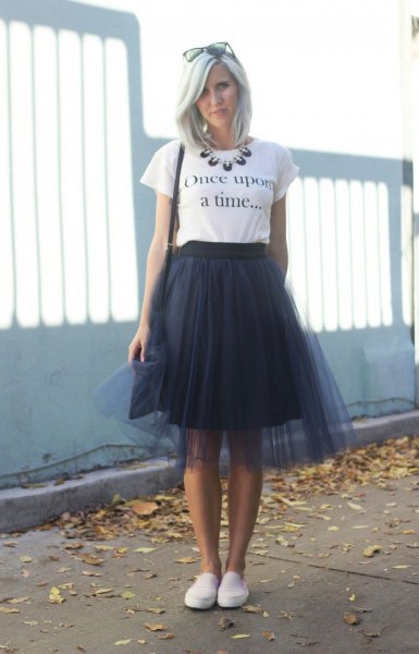 white print tee with black two-layer dress