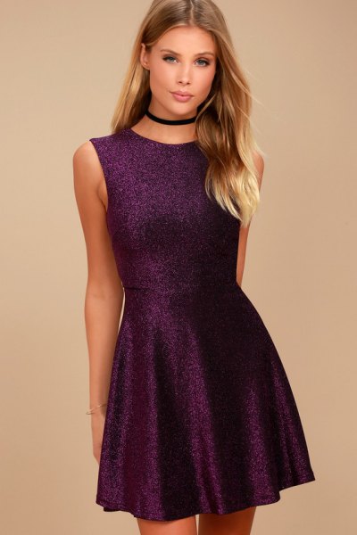 deep purple sleeveless fit and flare mini dress with black choker