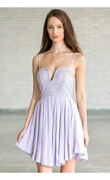 light purple spaghetti strap deep v-neck mini pleated dress