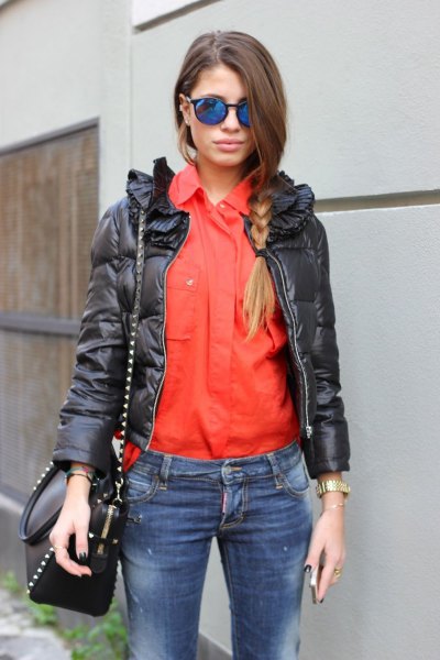 orange shirt with black leather jacket and jeans
