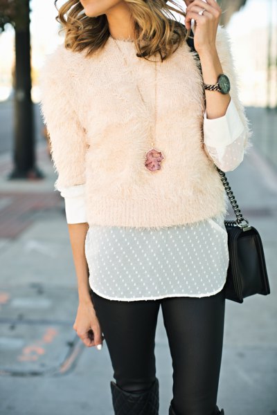 pink fitted fuzzy sweater with white chiffon blouse and leather pants