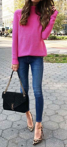 warm pink turtleneck knitted sweater with heels with heels