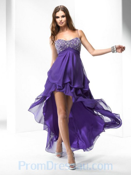 purple and silver sequin spaghetti strap high low long flared dress