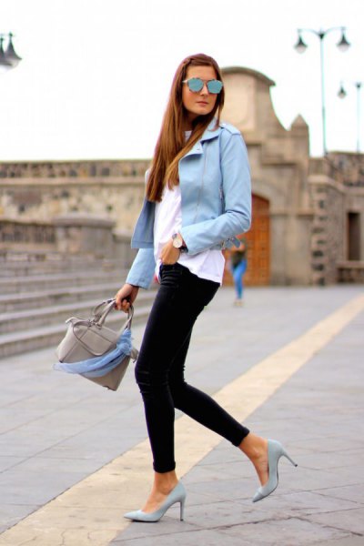 light blue blazer with white tee and black slim jeans