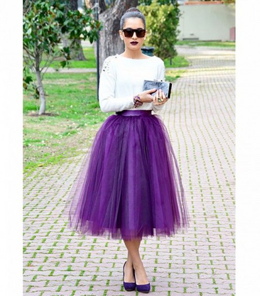 white long sleeve top with purple tulle midi skirt