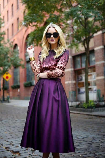 leopard print button up shirt with purple silk midi skirt