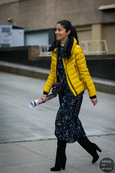 yellow puffer jacket with black printed maxi shift dress