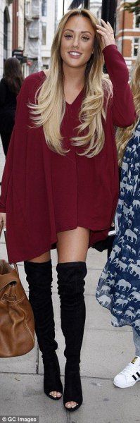 burgundy dress with long sleeves and black over the knee boots