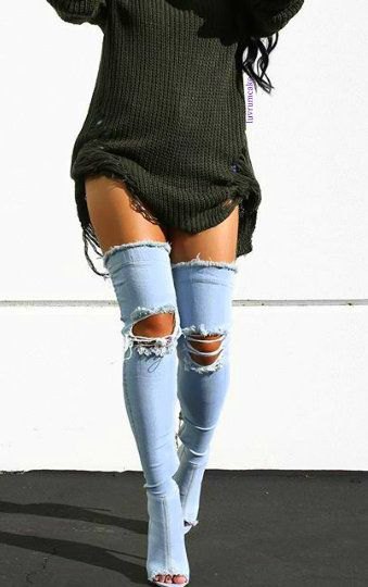 dark gray ripped sweater dress with blue denim ripped open toe long boots