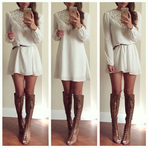 white lace belt mini shift dress with gray leather open toe boots