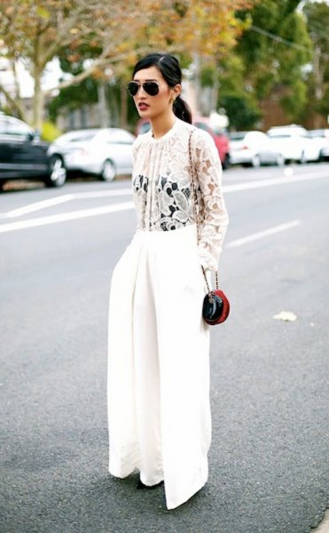 white lace blouse with wide leg pants