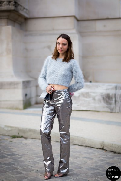 light blue cropped sweater with silver pants and sandals