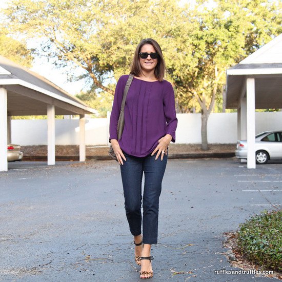 purple long sleeve pleated blouse with ankle jeans