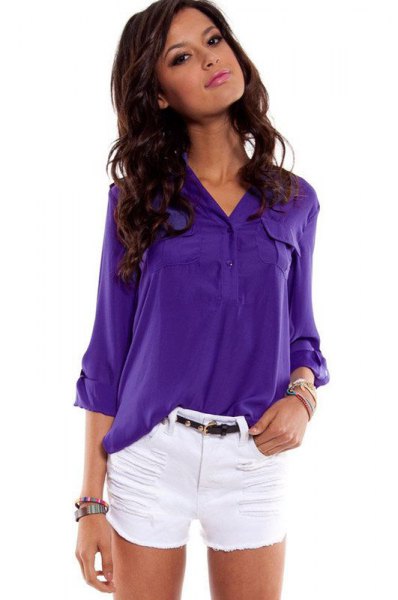 bright purple button up shirt with white mini shorts