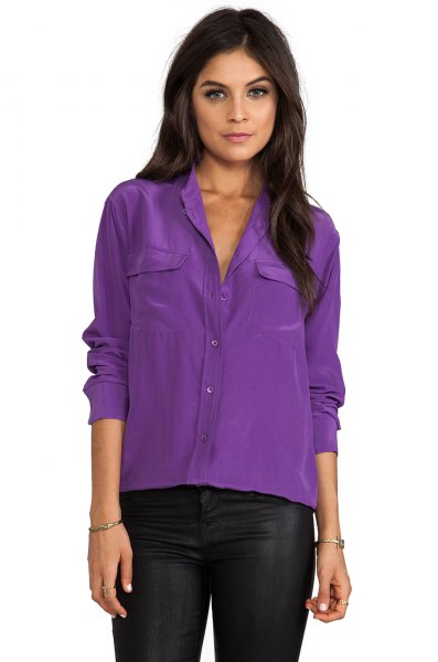 purple blouse with black leather pants