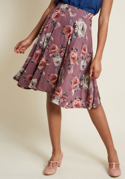 gray floral printed midi pleated skirt