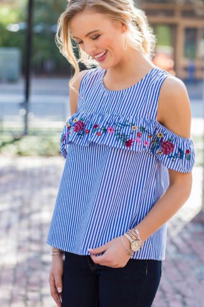 blue and white striped flowers with embroidered blouse with cold shoulder