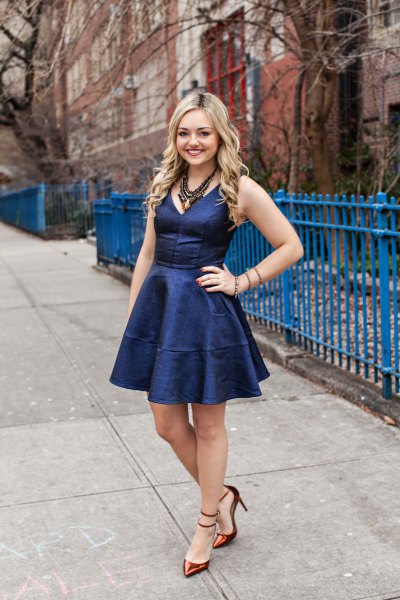 blue fit and flare mini silk skater dress