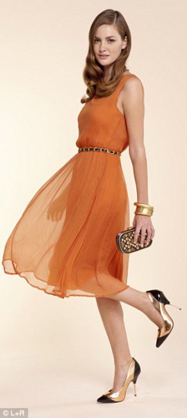 orange chiffon striped tank dress with pointed toe heels