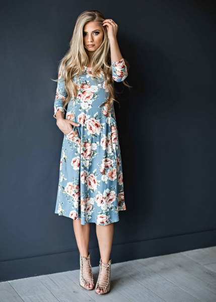 sky blue and white floral printed midi dress