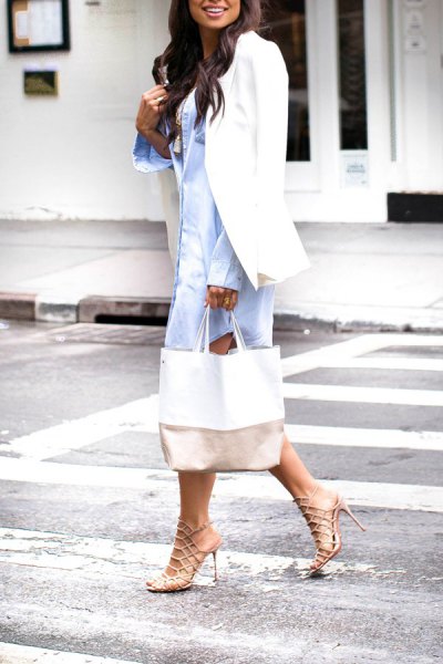 blue shirt dress with white blazer and striped heels