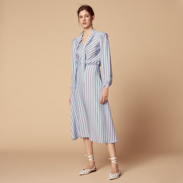 light blue and white striped long-sleeved midi-flared dress
