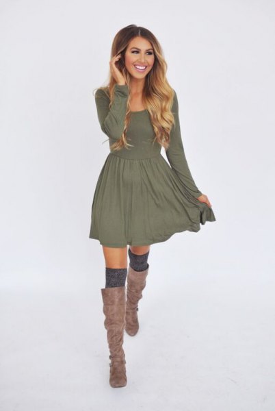 gray long-sleeved fit and flare casual mini dress with matching boots