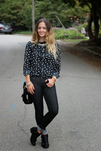 black and white polka dot blouse with short boots