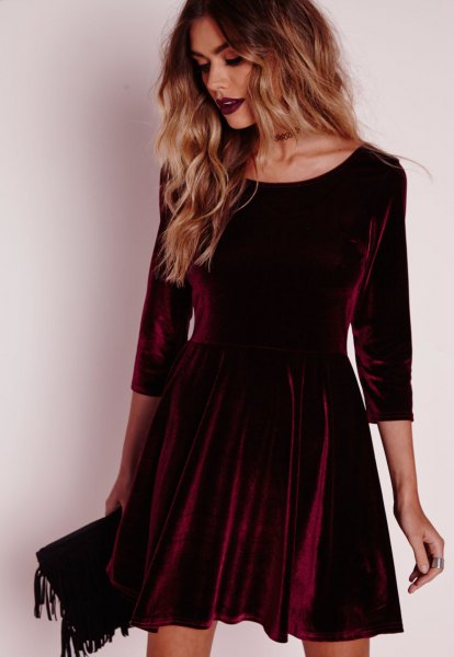 burgundy three-quarter sleeve mini velvet skater dress