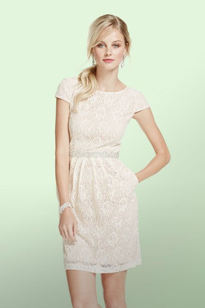 white cap sleeve gathered waist lace dress