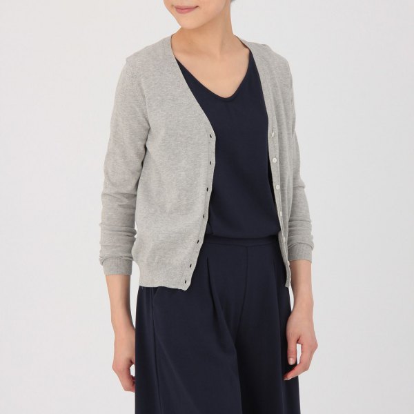 gray v-neck cardigan with black shirt and wide leg trousers
