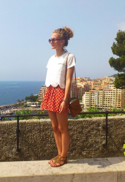 white short sleeve top with red and white polka dot mini skirt