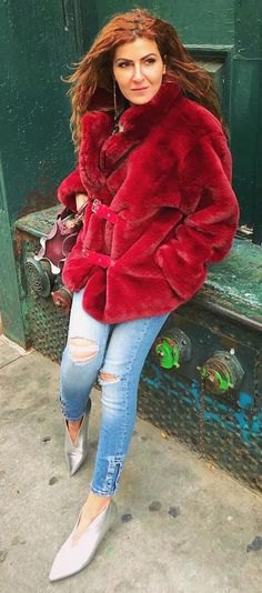 red faux fur coat with silver metallic kitten heels