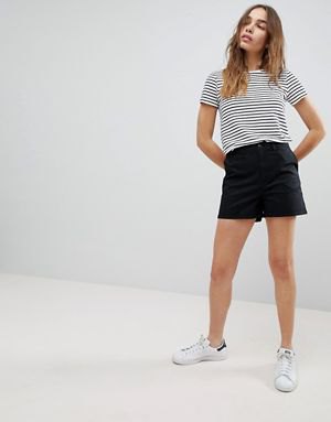 black and white striped tee with chino shorts