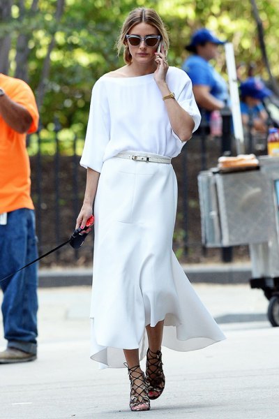 white sweater with boat neck with maxi dress and belt