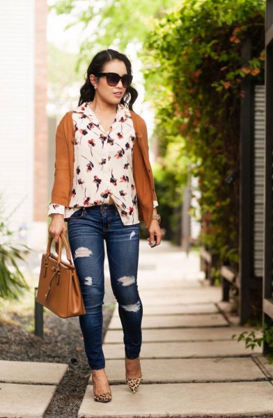 red cardigan with white floral blouse